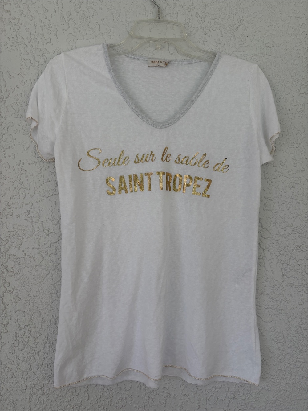 White soft Women's V-Neck Tee with Gold Saint Tropez Script made in Italy